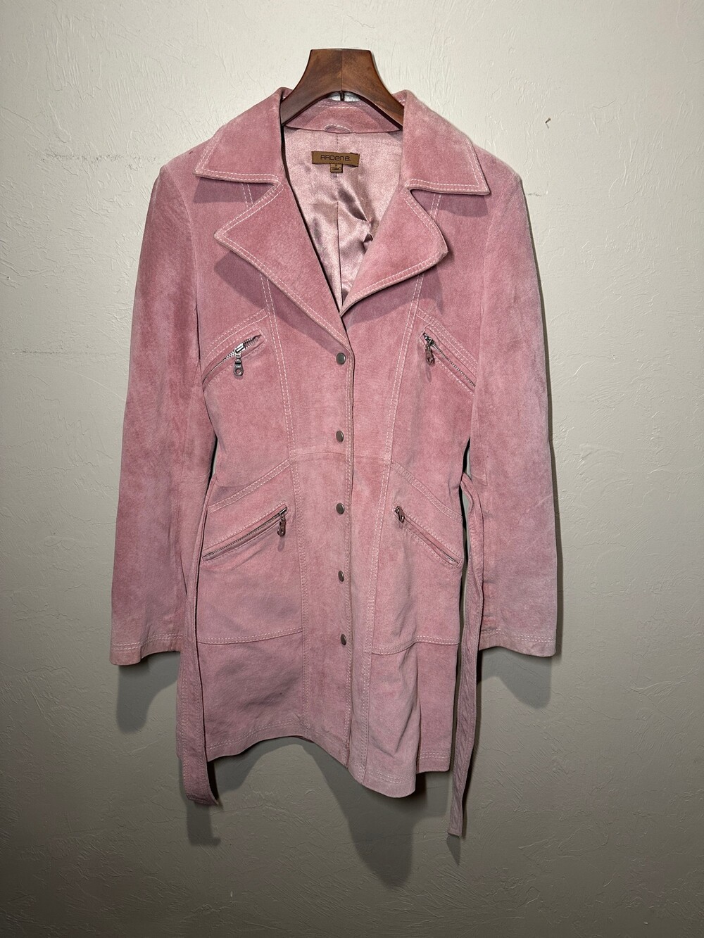 Arden B. Small Pink Suede Leather Jacket Belted Zipper Pockets